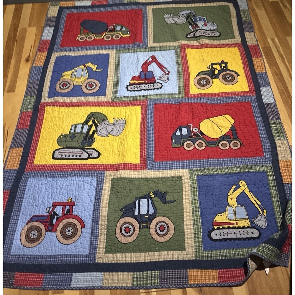 Company Kids Construction Trucks 60"x 83"Comforter Quilted  Reversible Plaid
